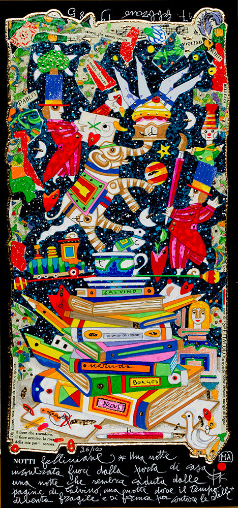 Notti felliniane. Una notta incontrata fuori dalla porta di casa, una notte che sembra caduta dalla pagine di Calvino, una notte dove il tempo diventa fragile e si ferma per contare le stelle
